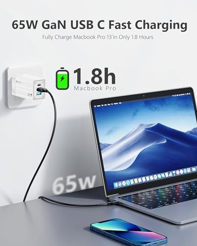 Power Up Efficiently: 65 W Ga N USB-C Charger with 3-Port Fast Charging Block for Mac Book, i Phone, i Pad & Samsung Devices – Universal Adapter with Type C Cable for Rapid Device Compatibility and Energy Efficiency