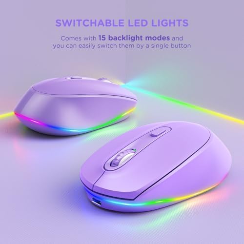 seenda Rechargeable Wireless Mouse with LED Rainbow Lights – Ergonomic, Quiet Click Design for Laptops, PCs, and Chromebooks – Perfect for Kids and Professionals Alike – Portable Purple Accessory for Enhanced Productivity and Style