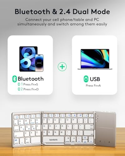 Samsers Portable Bluetooth Keyboard with Touchpad – Ultra-Slim Foldable Wireless Keyboard for Effortless Typing on Android, Windows, and i OS Devices – Rechargeable, Travel-Friendly Design with Device Holder – Black