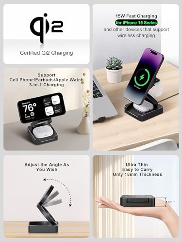 Ultimate 3 in 1 Wireless Charging Station – Qi2-Certified Foldable Charger for i Phone 15/14/13/12, Apple Watch & Air Pods – Fast, Portable Power Hub with Safety Features for On-the-Go Users