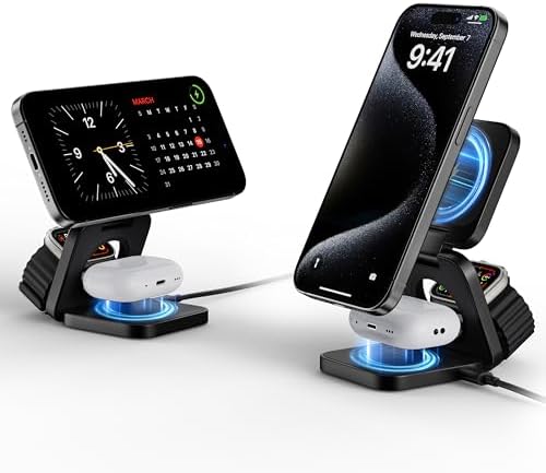 LULULOOK 3-in-1 Magnetic Wireless Charging Station – 15 W Fast Charger for i Phone 16/15/14 Series, 5 W Apple Watch Dock, and Air Pods Compatible with USB-C Cable – Sleek Aluminum Design for Enhanced Efficiency and Universal Device Compatibility