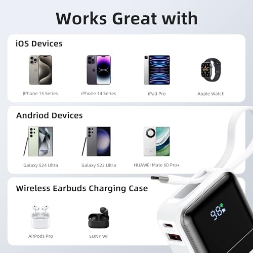 MOKi N 10,000 m Ah Ultra-Fast Portable Charger with Built-in Cables & Smart Digital Display – 30 W PD Power Bank for i Phone 16/15/14/13, Samsung Galaxy S23/S22/S21, Google Pixel – Compact Travel-Friendly Battery Pack with Safety Features & Multiple Charging Ports – Lightweight & Airline-Approved for On-the-Go Convenience
