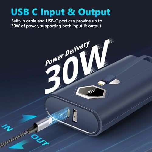 Miady 30 W Fast Charging Power Bank – 20,000 m Ah Portable Charger with Integrated USB-C Cable and LED Battery Indicator for i Phone 16/15/14/13, Galaxy, Android, and i Pad – Ultimate On-the-Go Power Solution for All Your Devices