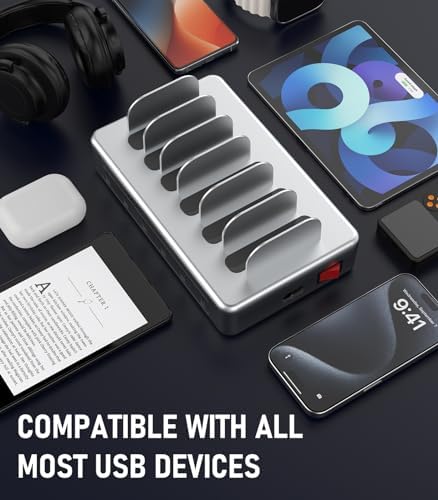 Ultimate 50 W Multi-Device Charging Station with 6 USB Ports & Cables – Space Gray Fast Charging Dock for i Phone, i Pad, Kindle, and More | Efficient Power Hub for Home, Office & Travel – Compact Design with Safety Features
