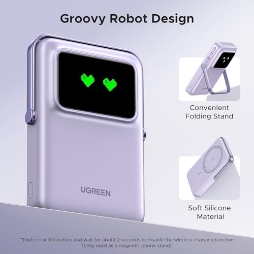 UGREEN Uno 10000 m Ah Magnetic Power Bank – Qi 7.5 W Wireless Charger with PD 20 W USB-C Fast Charging & Foldable Stand – TFT Display for Real-Time Battery Monitoring – Mag Safe Compatible for i Phone 16/15/14/13/12 – Ultra-Portable Power Solution in Sleek Black
