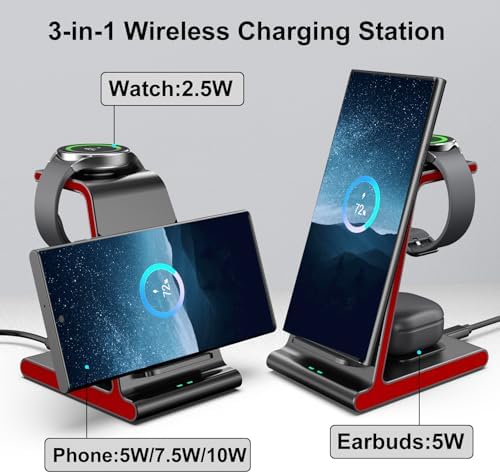 Ultra-Fast 3-in-1 Wireless Charging Dock for Samsung Galaxy Devices – Sleek Space-Saving Charger for Galaxy S25 Ultra, S24, S23, Note 20, Z Flip 6 & Fold 6 – Efficient Power Station for Galaxy Watch Ultra/7/6/5 & Galaxy Buds Pro with Overheat Protection and Modern Design for Home or Office