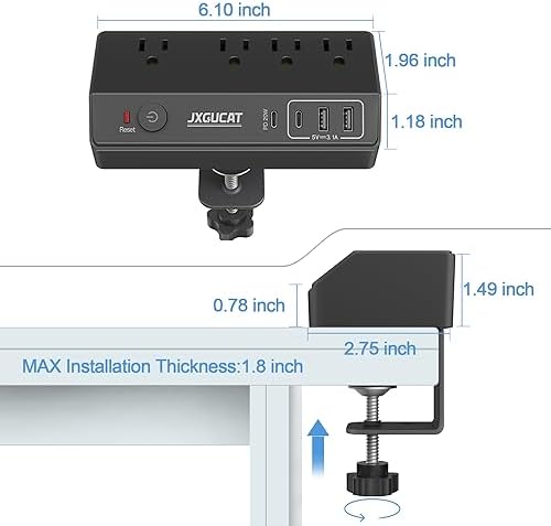 Maximize Your Workspace Efficiency with JXGUCAT Desk Clamp Power Strip – 20 W USB-C Fast Charger with 10 ft Extension Cord, 4 Outlets & 4 USB Ports, Surge Protector Ideal for Clutter-Free Desktop Setup, Fits Tabletops Up to 1.8 inches Thick