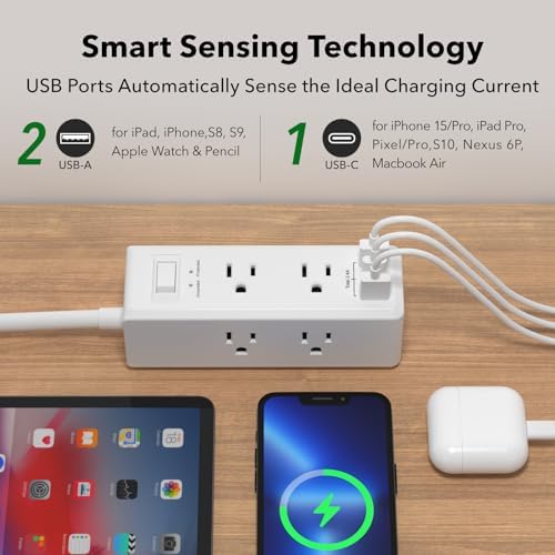 Elevate Your Charging Game with the Clear Power 2-Outlet Power Strip – 6 ft Flat Plug Power Station Featuring 3 USB Ports (1 USB-C) for Rapid Device Charging, Ideal for Home, Office & Travel, Durable & Compact Design, White, Model DC3 S-1102-DC