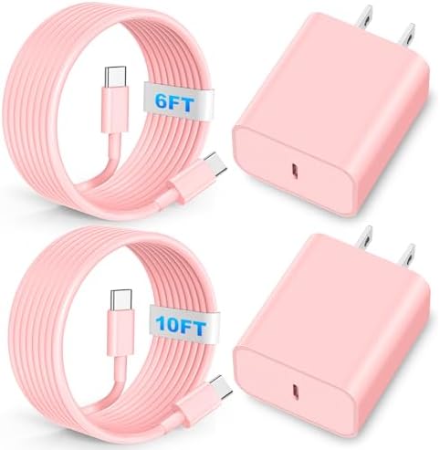 Sleek Pink 20 W Fast Charging Wall Charger with Dual 6/10 Ft USB-C Cables – Ultimate Power Solution for i Phone 16/15 & i Pad Pro – Compact, Durable, and Stylish for Effortless Portability and Versatile Device Compatibility