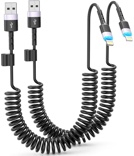 Stylish 3 FT Pink Coiled i Phone Charger 2-Pack – MFi Certified USB to Lightning Cable for Apple Car Play – Fast Charging, Tangle-Free, Trendy Design for Home & On-the-Go Power Solutions