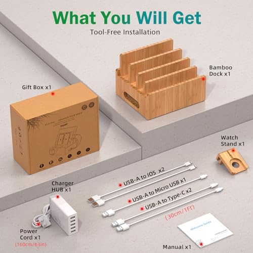 Eco-Friendly Bamboo Charging Station: Multi-Device Organizer with 5 USB Ports, Smartwatch & Earbuds Stand – Ultimate Desk Dock for Cell Phones and Tablets, Enhanced Speed & Compatibility
