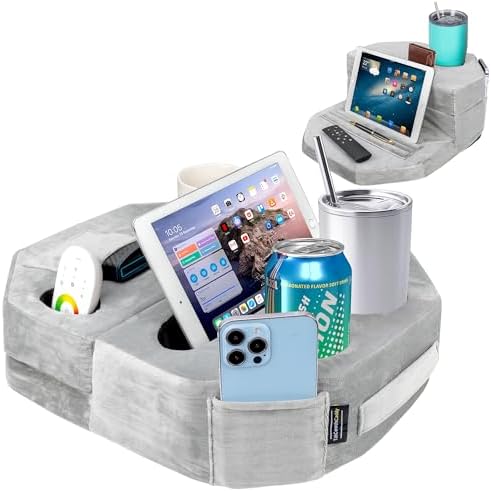 Octagonal Memory Foam Couch Cup Holder Tray Pillow – Versatile Caddy for Drinks, Snacks & Devices – Perfect for Sofa, Bed, RV & Car Travel – Soft Grey Fabric for Comfort & Style – Ultimate Accessory for Organized Relaxation