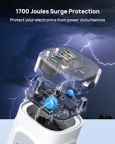 TROND Power Strip Tower with Retractable Design – 5 ft Flat Plug Extension Cord Featuring 5 AC Outlets and 20 W USB-C Fast Charging Ports, 1700 Joules Surge Protection for Home Office and Dorm Room Efficiency – Ultimate Connectivity Solution