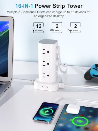 Ultimate Power Strip Tower with 15 W Wireless Charger and 10 FT Extension Cord – 12 AC Outlets & 4 USB Ports (2 USB-C) – Space-Saving Surge Protector for Home, Office, and Dorm Use – Advanced Compatibility for All Devices