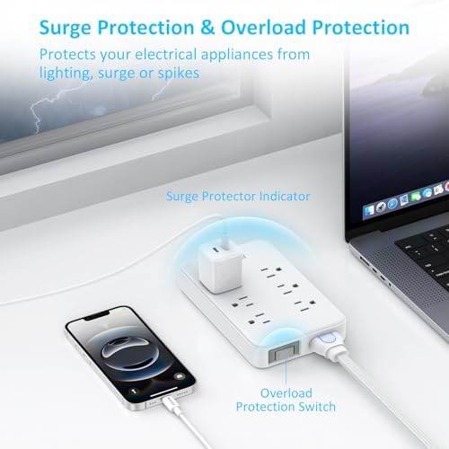 Maximize Your Charging Efficiency with Huntkey Easy Combo Surge Protector Power Strip – 6 AC Outlets & 4 USB Ports (2 USB-C, 2 USB-A), Customizable Cord Length for Ultimate Workspace Flexibility, Ideal for Home Office & Electronics Protection