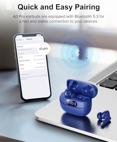 Sleek Rose Gold Wireless Earbuds with Bluetooth 5.3 | 42-Hour Long Battery Life & IPX7 Waterproof Design | Premium Noise Cancelling Earphones for Exceptional Audio | Intelligent LED Display for Seamless Connectivity on i OS & Android