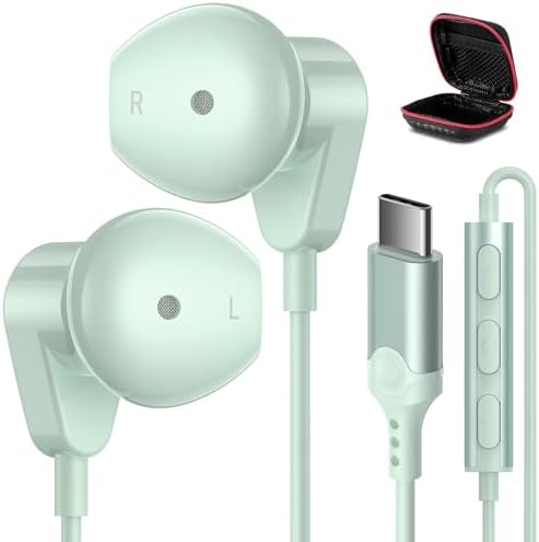 APETOO Mint Green USB Type C Earphones – Premium Hi-Fi Stereo Wired Earbuds for i Phone 16/15 Pro Max, i Pad A16, Samsung Galaxy S24/S23/S22/S21 FE, Google Pixel, One Plus – Built-in Microphone & Volume Control for Ultimate Audio Experience