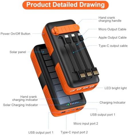 Ultimate 63200 m Ah Solar Power Bank with Hand Crank & 4 LED Flashlights – Fast Charging Emergency Battery Pack for Hiking, Camping, and Survival – Unmatched Durability and Safety Features for All Outdoor Adventures – Dual Input & Output Compatibility, Water & Drop Resistant Design for Extreme Conditions
