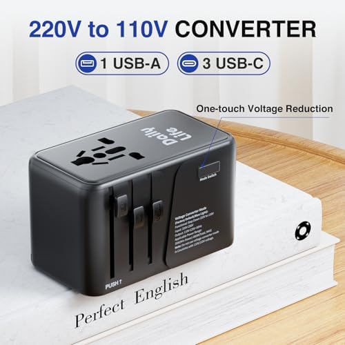 Compact 220 V to 110 V Power Converter with 4-Port USB Charging Hub – Essential Multi-Region Travel Adapter for Seamless Global Connectivity – Lightweight and Stylish White Design for US, UK, EU, and AU Travelers – Enhanced Safety Features for Device Protection