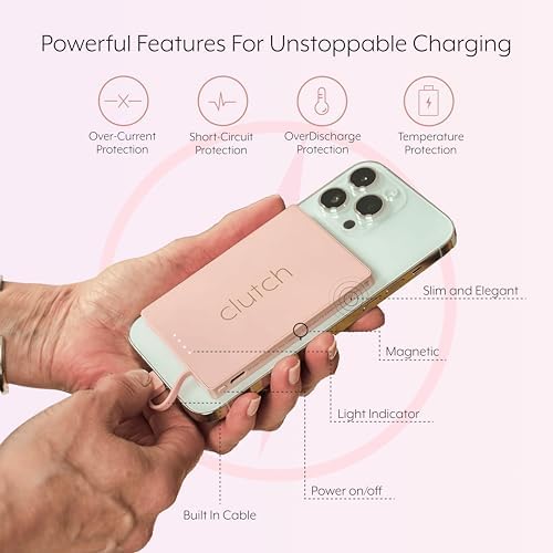 Lightweight Clutch Pro 5000 m Ah Portable i Phone Charger – TSA Approved Magnetic Power Bank for Travel – Built-in Lightning Cable – Perfectly Compatible with i Phone 14 & Earlier Models – Secure, Hassle-Free Charging at Just 3.7 oz – Elevate Your Travel Experience with Reliable Power Solutions