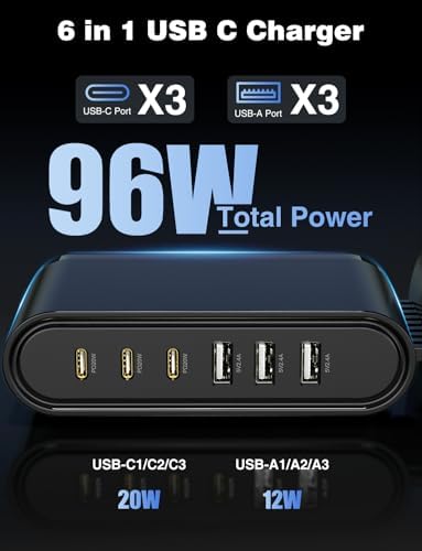 Revolutionize Your Charging Routine with the Essri 114 W 6-Port Ga N USB-C Hub – High-Speed Power Adapter Featuring 4 PD 3.0 & 2 USB-A Ports, Ideal for i Phone Pro Max and Samsung Android Devices, Includes 2 x 3 Ft USB-C Cables for Immediate Connectivity – Compact, Efficient Design for Home, Office, or Travel Use