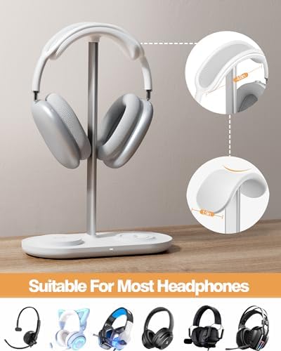 Transform Your Gaming Experience with the Hi We 3-in-1 Premium Headphone Stand & Wireless Charging Dock – Universal Desktop Organizer for Headphones, Air Pods, and Smartwatches – Durable Aluminum Alloy with Elegant Leather Pad and Stable ABS Base – Quick Charge Functionality for All Your Essential Devices