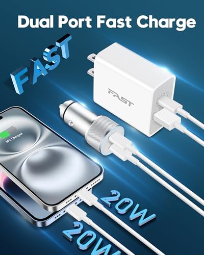 Power Up Your Devices with 20 W USB-C Wall Charger & 40 W Car Adapter for i Phone 16/15 – Complete Charging Kit with 2 Durable 6 FT USB-C Cables | Fast Charging Dual Port Solution for i Phone, i Pad & Galaxy | Enhanced Compatibility for On-the-Go Users