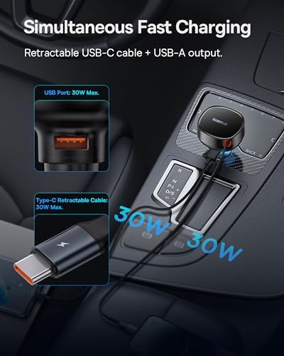 Baseus 33 W Retractable Dual USB-C Car Charger – Fast Charge Your Samsung Galaxy & Tablets on the Go, Sleek Black Design, Compact & Portable, Enhanced Safety Features for Effortless Travel Power Solutions
