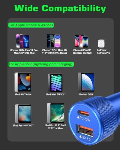 i Phone 14 Dual Port Fast USB C Car Charger | Apple MFi Certified 38 W Quick Charge Adapter with 2 Lightning Cables | Sleek Metal Design for Optimal Durability and Compatibility with i Phone 14, 13 Pro Max, Mini, 12, 11 & Air Pods | Reliable On-the-Go Power Solution for Busy Lifestyles