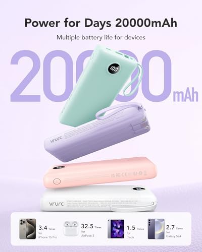 Ultimate 20000 m Ah VRURC Portable Charger with Built-in Cables – Fast Charging Power Bank for Travel, PD & QC 3.0 Compatible, 4 Output Ports & Dual Input, Ideal for i Phone, Samsung, Android Devices – Compact & Durable Battery Pack for On-the-Go Power