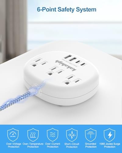 Stylish Brown Extension Cord with 1080 J Surge Protection – 5 FT Flat Braided Design Featuring 3 AC Outlets & 4 USB Ports (24 W/4.8 A) for Fast Charging – Ideal Tan Desk Accessory for Powering Devices Safely & Efficiently