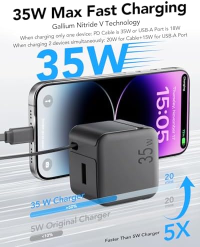 Rapid 35 W Ga N USB Wall Charger with Retractable Lightning Cables – Portable and Sleek Charging Solution for i Phone 14/13/12 & i Pad – Tangle-Free Design for Effortless Travel and Enhanced Compatibility with Apple Devices