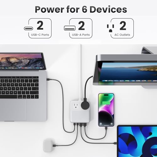 High-Power 135 W Ga N USB C Charging Hub – 6-in-1 Power Station with 2 AC Outlets, 2 USB-A & 2 USB-C Ports, 5 ft Cord, Ideal for PD 65 W Laptop Charging (Mac Book Air/Pro, i Phone 16/15, Galaxy S24) – Fast, Efficient, Universal Device Charger for Home and Travel