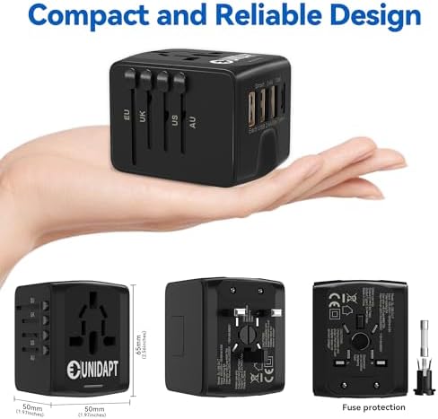Unidapt Universal Travel Adapter: High-Speed 2.4 A 4-Port USB Charger for Global Use – Compact International Plug Adapter for Europe, USA, UK, Australia – Stylish Blue Design with Safety Features for Hassle-Free Charging on the Go