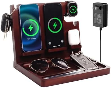 Eco-Friendly Wood Phone Docking Station with Dual 27 W Fast Charging for i Phone, Samsung, Apple Watch & Air Pods – Stylish Nightstand Organizer and Ideal Gift for Men and Women on Birthdays or Anniversaries