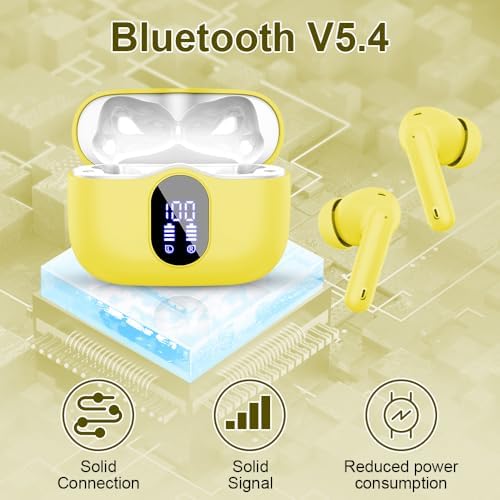 Btootos Ultra-Durable Bluetooth 5.4 Wireless Earbuds – Immersive Bass Sound with Noise-Cancelling Mic, IP7 Waterproof Design for Active Lifestyles, 36-Hour Playtime with LED Battery Display, Bold Yellow for a Striking Audio Experience
