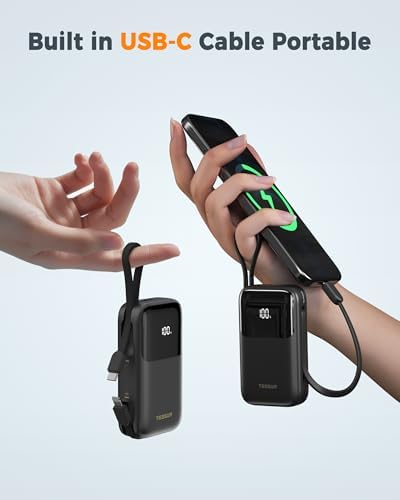 TESSAN 10000 m Ah Fast Charging Portable Power Bank with Built-in USB-C Cable – Compact Battery Pack for i Phone 16/15, Samsung & Tablets – Ultimate Travel Companion with Universal Compatibility & Rapid Recharge Technology