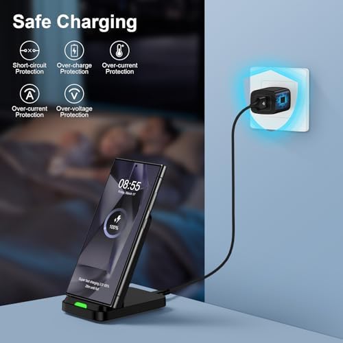 15 W Fast Wireless Charger Stand for Samsung Galaxy S25/S24/S23, i Phone 16/15, Google Pixel 9 Pro – Ultimate Desk Charging Station with Dual Viewing Angles, Quick Charge 3.0 Adapter, and Enhanced Safety Features for All Compatible Devices