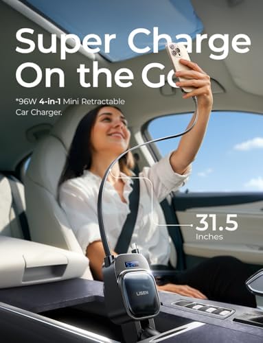 LISEN 96 W 4-in-1 Retractable Car Charger with Advanced USB-C & L Cable – Fast Charging for i Phone, Samsung, and Android – Smart Voltage Detection & Ambient Lighting – Ideal for Cars, Trucks, RVs – Ultimate On-the-Go Power Solution