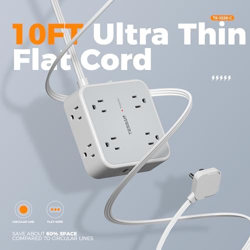 TESSAN 10 FT Flat Plug Surge Protector Power Strip with 8 Outlets and 3 USB Ports – Versatile Desk Charging Station with 900 Joules Protection for Home and Office – Enhanced Safety and Space Efficiency