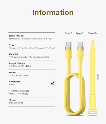 Ringke 6.6 FT USB C to USB C Pastel Charging Cable – Fast Charging Cord for i Phone 16/15, Galaxy, Pixel, Laptops & Tablets – Sleek Design for Enhanced Connectivity and Durability – Perfect for Carplay and On-the-Go Use