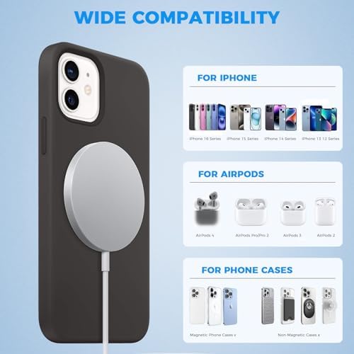 Revolutionary 15 W Magnetic Wireless Charger Pad with Intelligent Temperature Control – Fast, Safe Charging for i Phone 16/15/14/13/12 Series and Air Pods Pro – Optimal Battery Life Extension and Strong Magnetic Alignment – Ideal for Seamless Usage While Charging – Includes USB-A to USB-C Adapter – Black