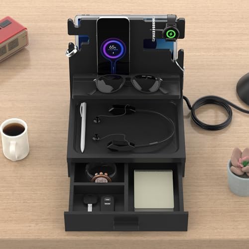 Nightstand Organizer, Wood Bedside Organizer Docking Station with USB Ports and Outlets, Gifts for Men, Nightstand Drawer Organizer for Cellphone, Watch, Sunglasses & Accessories – Enhanced Compatibility and Speed