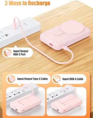 Essri 10000 m Ah Wireless Magnetic Power Bank – PD 22.5 W Fast Charging Portable Charger with Built-in Cable for Mag Safe i Phone 16/15/14/13/12 Series – Stylish Pink Design with Integrated Stand for On-the-Go Convenience and Seamless Power Solutions