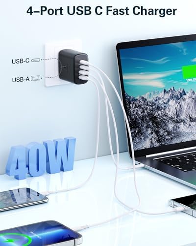 Dual-Pack 40 W USB C Charger Block – Fast Charging Power Adapter with 4 Ports for i Phone, Samsung, and i Pad – High-Speed Multi-Device Charging Solution with Enhanced Compatibility and Portability – Perfect for Home, Office, and Travel