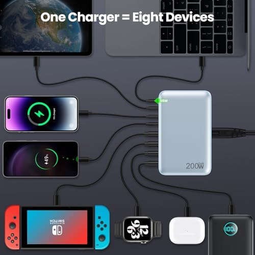 200 W Ga N III USB C Charging Hub – 6-Port Fast Charging Station for Laptops and Devices – PD 65 W Compatible with Mac Book Pro, i Pad, i Phone 15/16, Galaxy S23/S24, Steam Deck & More – Ultimate Universal Charger for Home, Office & Travel