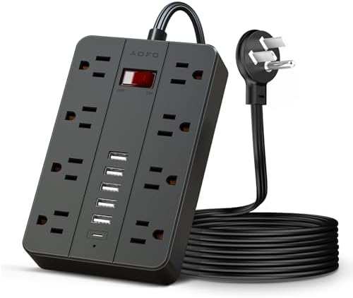 Compact Surge Protector Power Strip with 8 Outlets & 6 USB Ports – AOFO 5 ft Flat Extension Cord for Travel, Office & Dorm – Durable Design with USB-C Fast Charging, Enhanced Safety & Space Efficiency