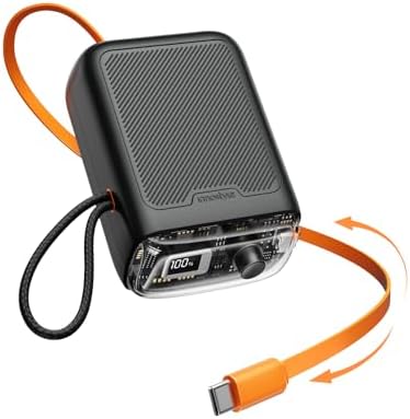 Compact 30 W Retractable USB-C Power Bank with Fast Charging – Sleek Dual Charging Battery Pack for i Phone 15, Android Devices & Laptops – Integrated 60 cm Cable & LCD Display for Ultimate On-the-Go Power Solutions