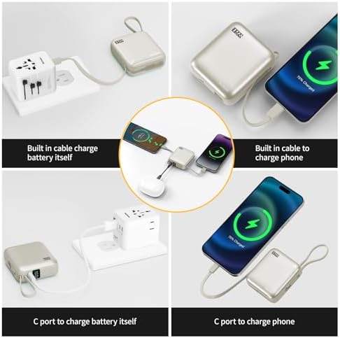 Sleek Gold Portable Power Bank with Built-in Cables and LED Battery Indicator – 10,000 m Ah USB-C Fast Charging Power Pack for i Phone, i Pad, Samsung, and Android Devices – Essential Travel Charger with Intelligent Safety Technology for Ultimate On-the-Go Convenience