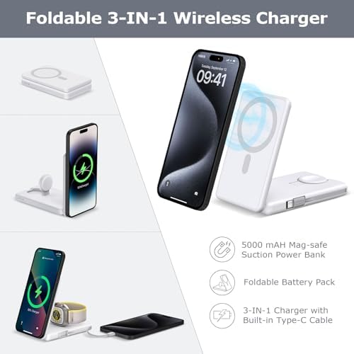 Revolutionize Your Charging Routine with the DDUAN 3-in-1 Wireless Charging Station: Fast USB-C Magnetic Power Bank for i Phone 16/15/14/13/12 and Apple Watch – Portable Foldable Design in Sleek White for Effortless On-the-Go Power Management